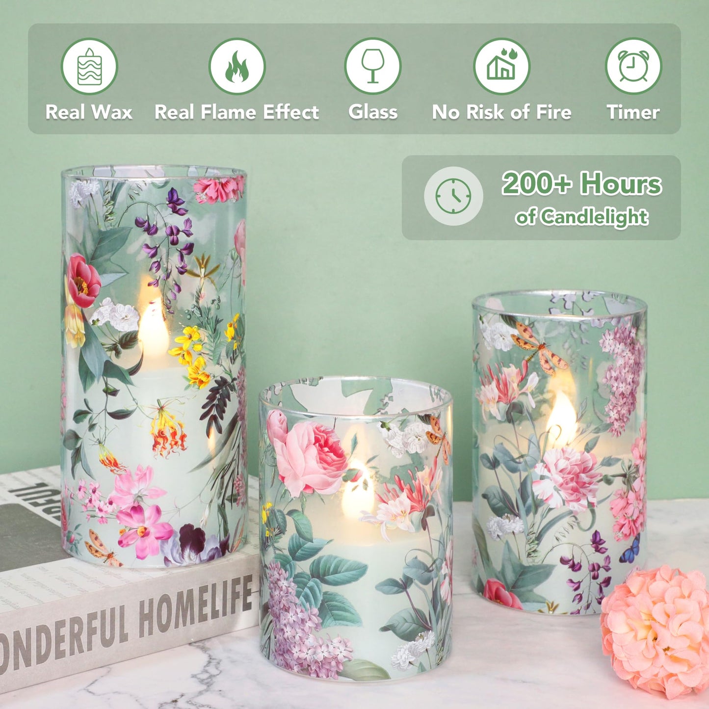 Silverstro Floral Flameless Candles with Remote Timer, Pink Rose and Lilac Pattern LED Glass Candles, Battery Operated for Home Party Wedding Christmas Spring Valentine's Day Decor, Set of 3