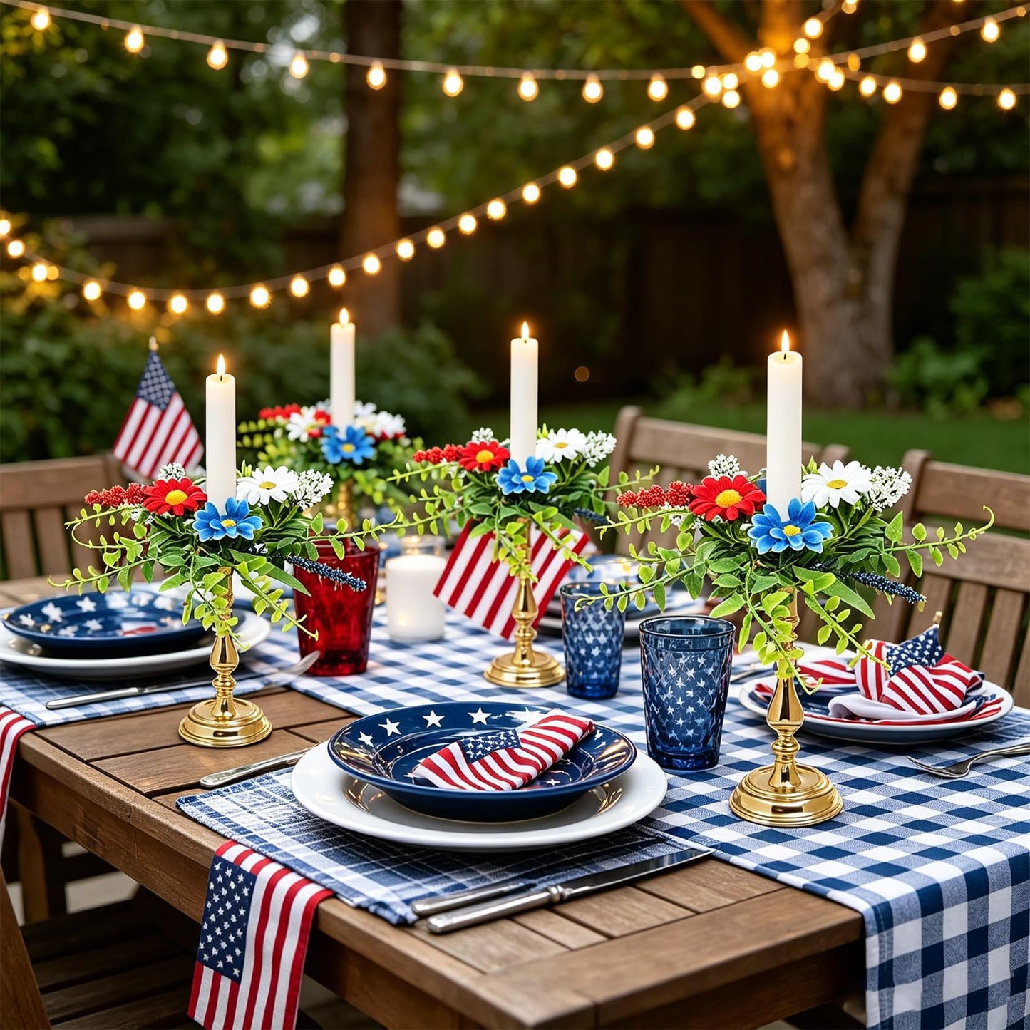 6 PCS Patriotic American Taper Candle Rings Wreaths 1.38" Mini 4th of July Floral Taper Candle Holder with Daisy Artificial Independence Day Table Centerpieces Wreath for Party Home Candlesticks Decor