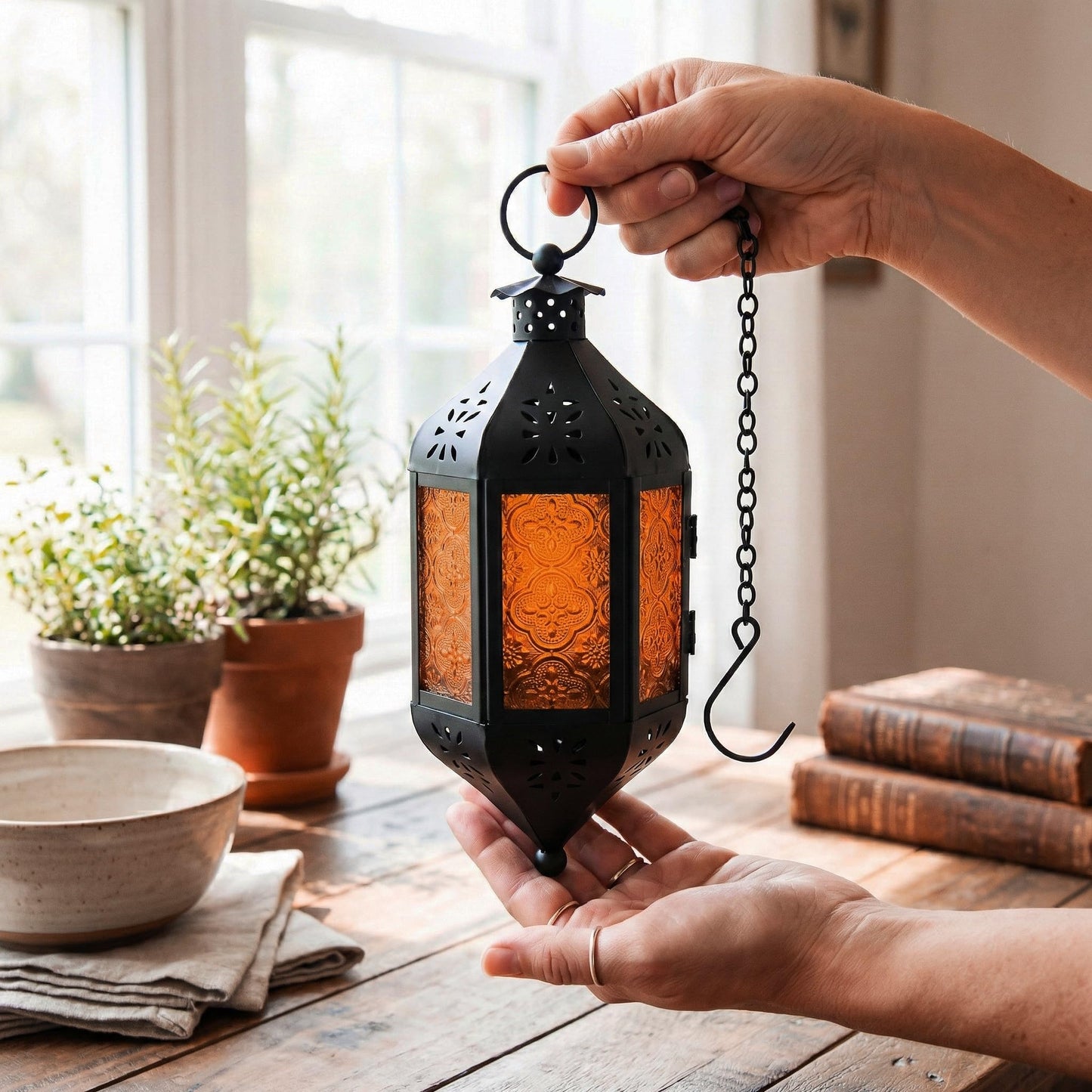 Vela Lanterns Hanging Moroccan Lamp - Exotic Decorative Patio & Porch Decor, Indoor Outdoor Tea Light Candle Lantern Holder with Chain (11" Medium, Amber Glass, 3-Pack)