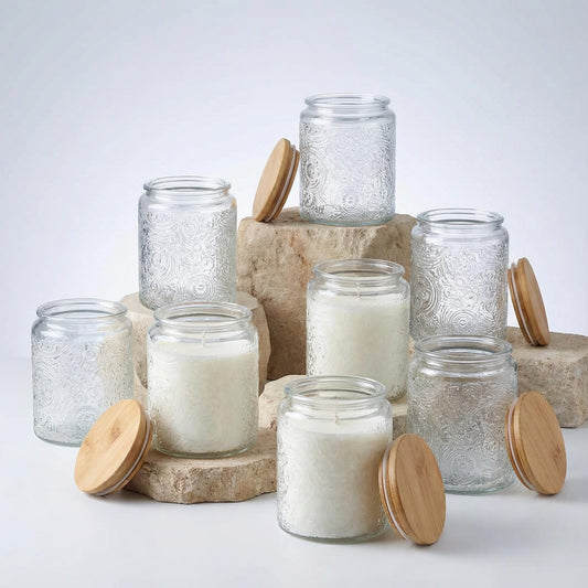 9-Pack 8oz Embossed Glass Candle Container with Bamboo Lids and Labels, Clear Candle Jars for Making Candles, Sun Moon Star Design