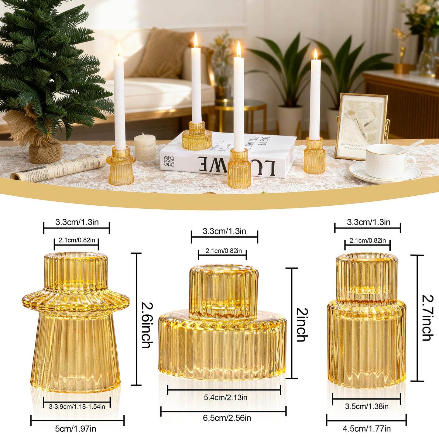 WELLIFE 3 Pcs Amber Glass Candle Holder, Taper Candle Holder, Amber Glass Candlestick Holder for Party, Wedding Decorations, Table Centerpieces and Thanksgiving