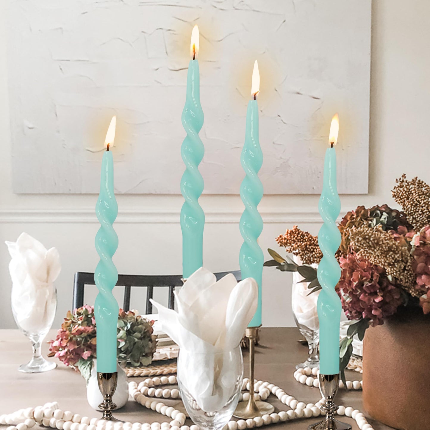 10 Inch Spiral Candles Set of 4, Mint Green Taper Candles, Handmade Twisted Candles, Unscented Candle Sticks for Summer Wedding Dinner Decor
