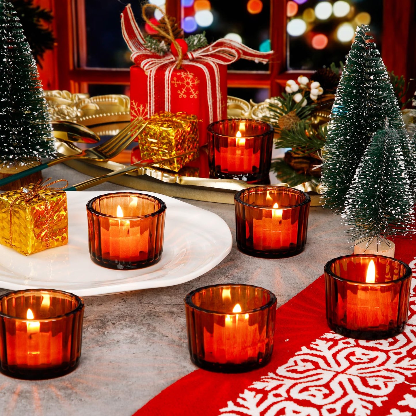 Mumufy 100 Pcs Glass Tealight Candle Holder Ribbed Votive Candle Holder for Centerpiece Wedding Proposal Spa Aromatherapy Meditation Home Decor (Amber)