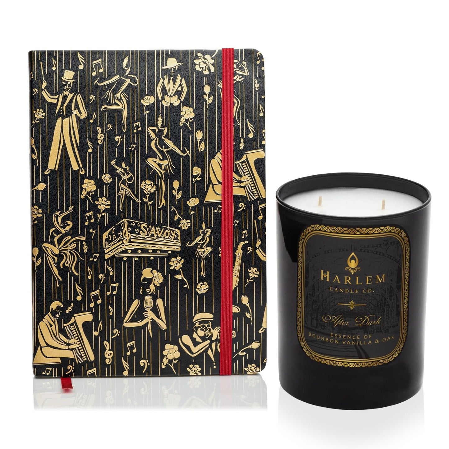HARLEM CANDLE CO. Luxury Gift Set – After Dark Scented Soy Candle (11 oz) & Black/Gold Vegan Leather Journal (300 Pages) – Elegant Home & Writing Gift Bundle