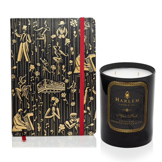 HARLEM CANDLE CO. Luxury Gift Set – After Dark Scented Soy Candle (11 oz) & Black/Gold Vegan Leather Journal (300 Pages) – Elegant Home & Writing Gift Bundle