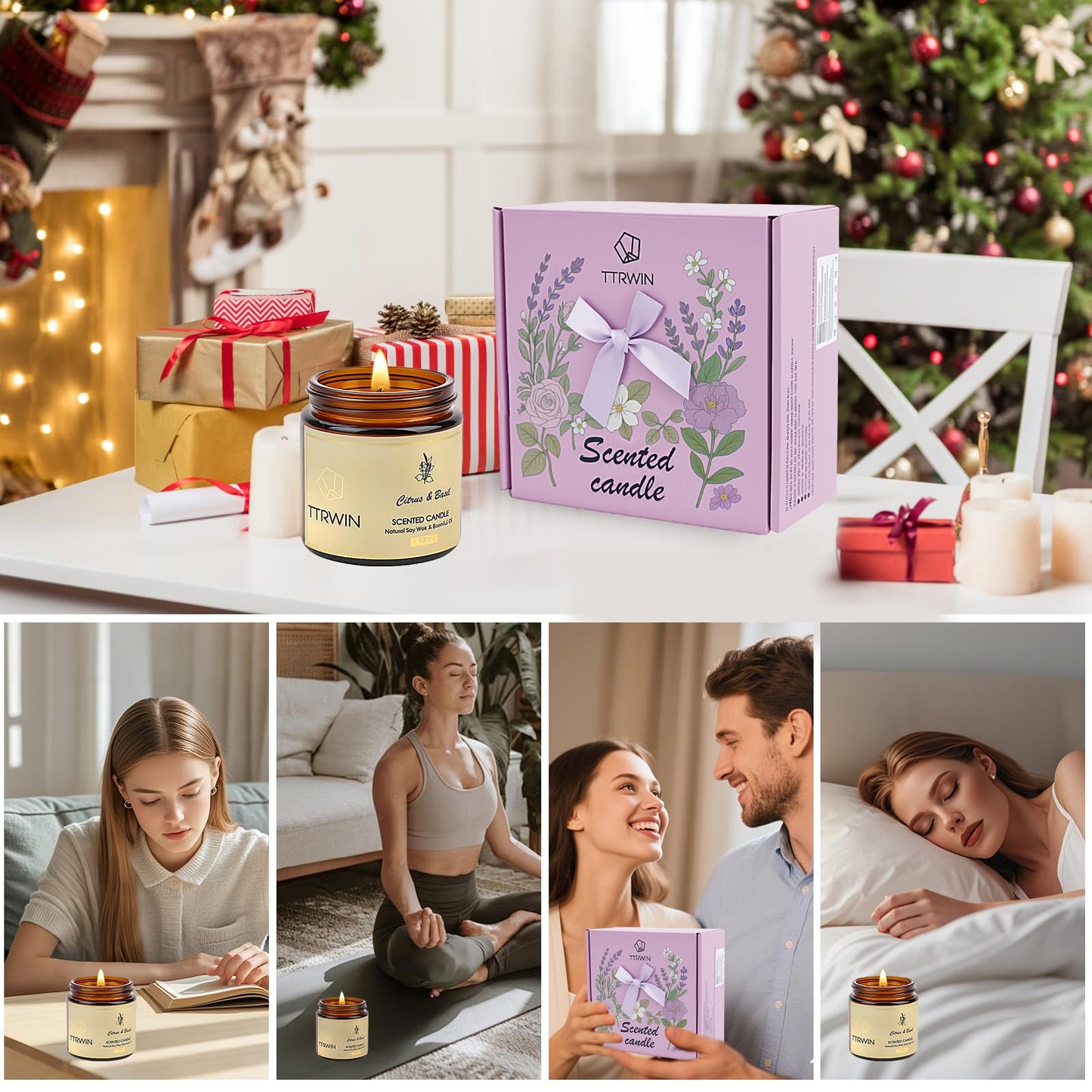 TTRWIN Scented Candles Gift Set, 4 Pick Natural Soy Candles: British pear & Freesia, Rose & Amber, Lavender & Rosemary, Citrus & Basil, Birthday Gifts for Women, Gifts for Mother's Day