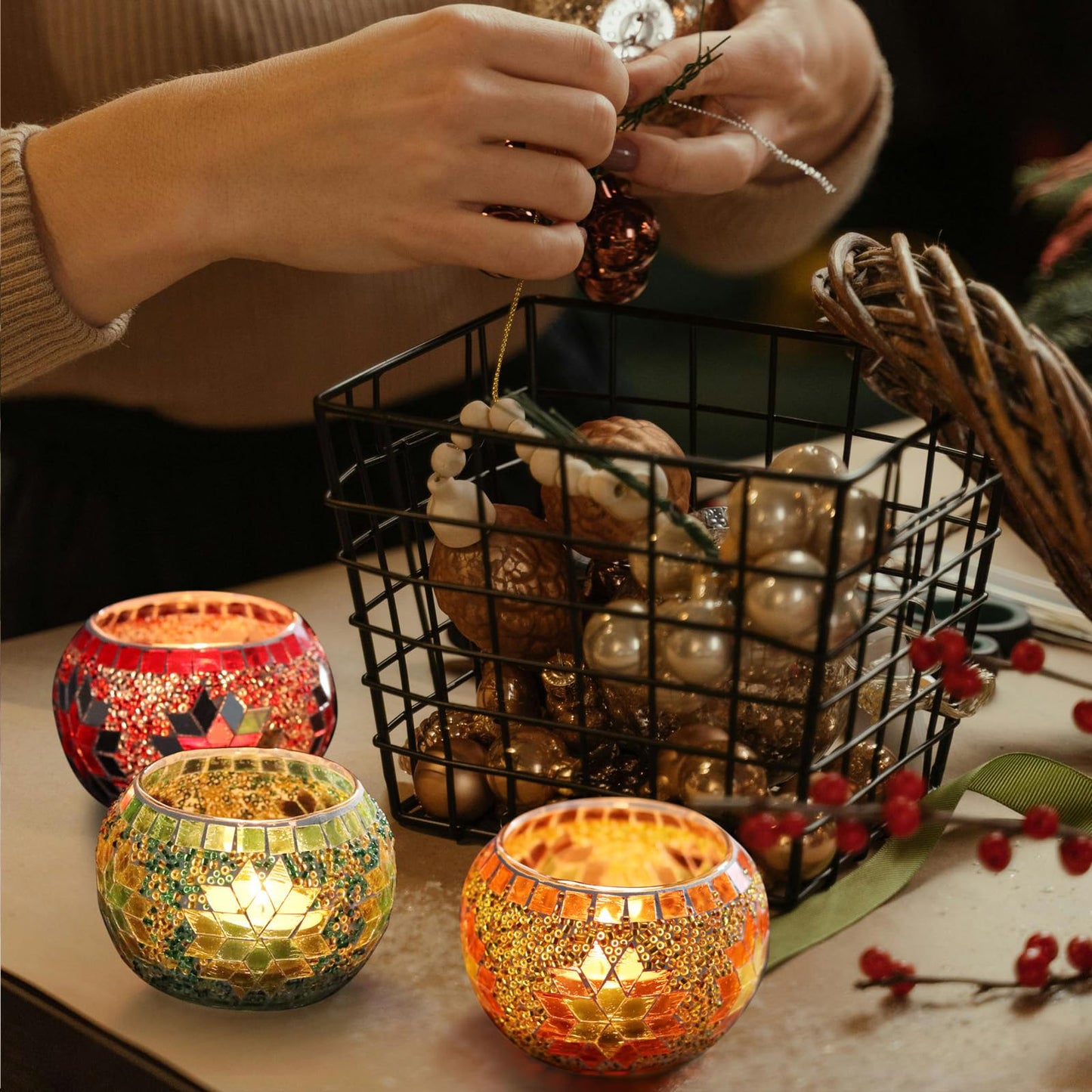 SHMILMH Votive Candle Holder Set of 4, Diwali Decoration for Home, Handmade Mosaic Glass Tealight Candle Holders for Table Centerpiece Decor,Diwali Thanksgiving
