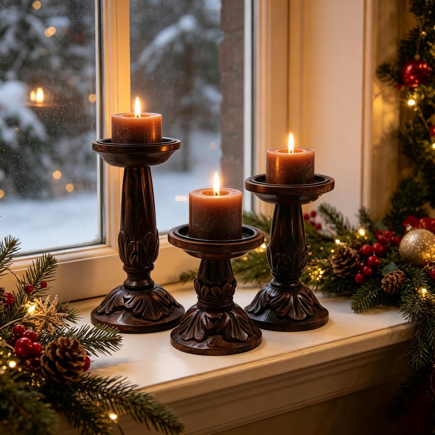 Hosley Set of 3 Dark Brown Wood Pillar Candle Holders 8 Inches 6 Inches and 4.25 Inches High Ideal for LED and Pillar Candles Gifts for Weddings Party Home Spa Reiki Aromatherapy