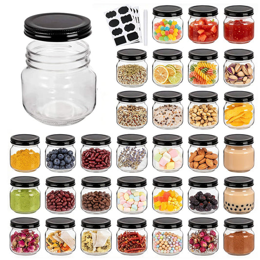 QAPPDA Mason Jars, Glass Jars With Lids 8 oz,Canning Jars For Pickles And Kitchen Storage,Wide Mouth Spice Jars With Black Lids For Honey,Caviar,Herb,Jelly,Jams,Set of 30