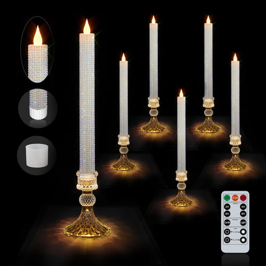MISSTIME Flameless Taper Candles with Illuminated Glass Candle Holder, Remote Timer 2AA Battery Operated for Thanksgiving/Xmas Decor, Wedding Centerpiece (Crystallized-Brilliant, 6 Pack)