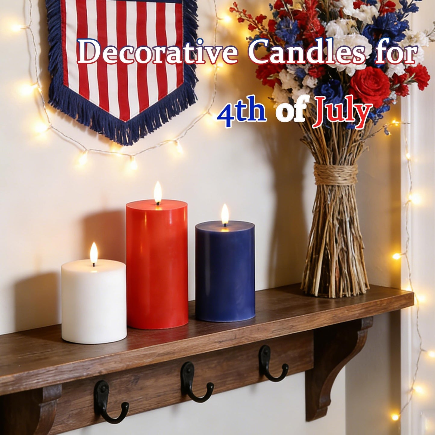 JOIONE 4th of July Red White and Blue Flameless Pillar Candles with Remote, 3 Pack Patriotic Battery Operated Real Wax LED Candles, Perfect for Independence Day Home Decorations Fireplace Table