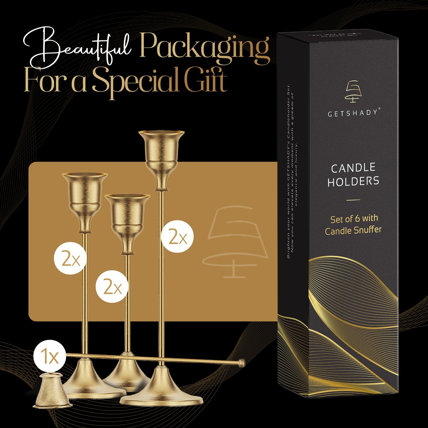Gold Candleholders for Taper Candlesticks Plus Candle Snuffer – Dining Table Décor Centrepiece - Brass Candelabra Candlestick Holder - Gold Décor for Home Weddings Celebrations Events (Set of 6 Pcs)