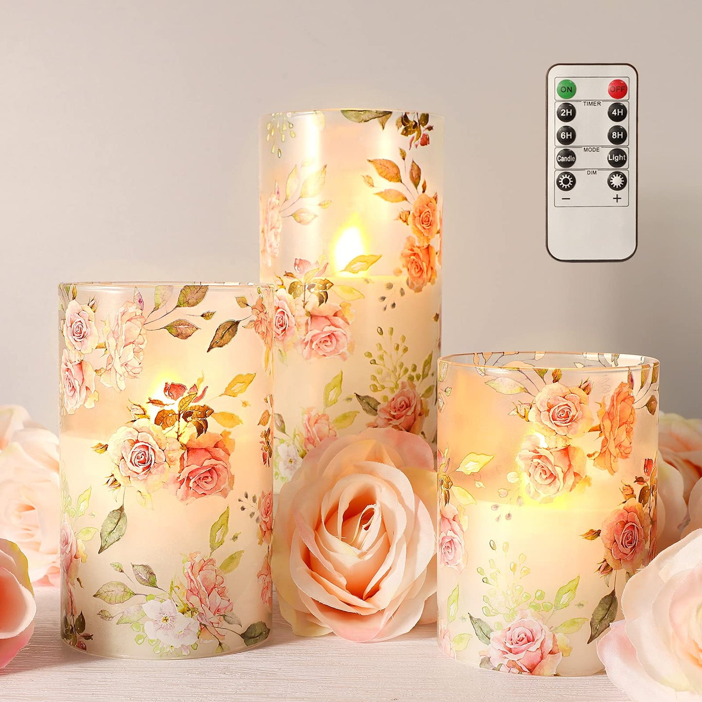 PETRISTRIKE Pink Flameless Candles with Remote Timer, Flickering Glass Candles, Love Themed Decor Battery Led Pillar Candles, Rose Table Ornaments for Mother Gifts,Valentine's Day, Centerpiece