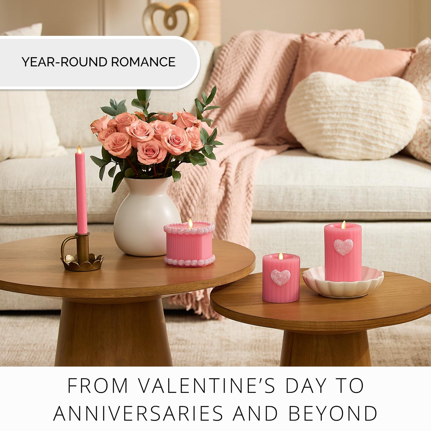 Luminara Flickering Flameless 3.7" x 4.5" Pillar Candle, Battery Operated Remote Ready (Sold Separately) & Timer Function, LED Light, Ribbed Real Pink Wax w/Embossed Heart Design for Valentine's Day