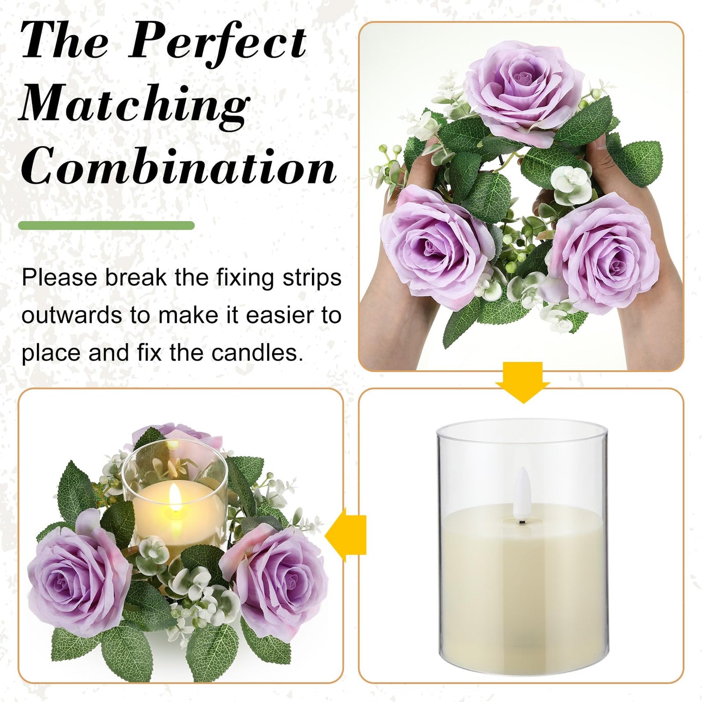 Yunlly 32 Pcs Rose Candle Rings with Flameless Candles Sets, Artificial Flower Eucalyptus Wedding Centerpiece 3 Inch Pillar Candleholders Wreaths for Wedding Party Mother's Day (Purple)