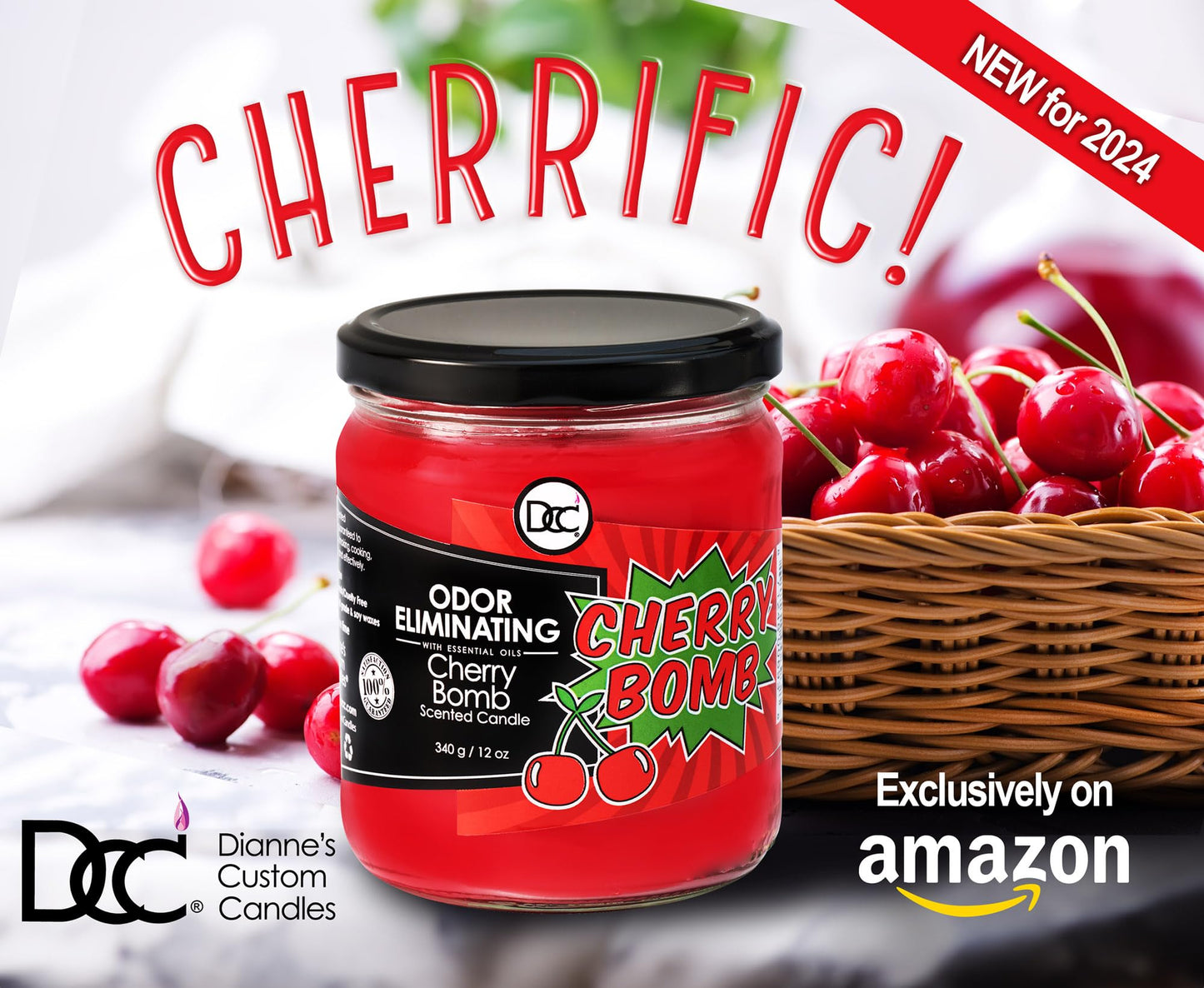 Cherry Bomb Odor Eliminating Highly Fragranced Candle - Eliminates 95% of Pet, Smoke, Food, and Other Smells Quickly - Up to 80 Hour Burn time - 12 Ounce Premium Soy Blend