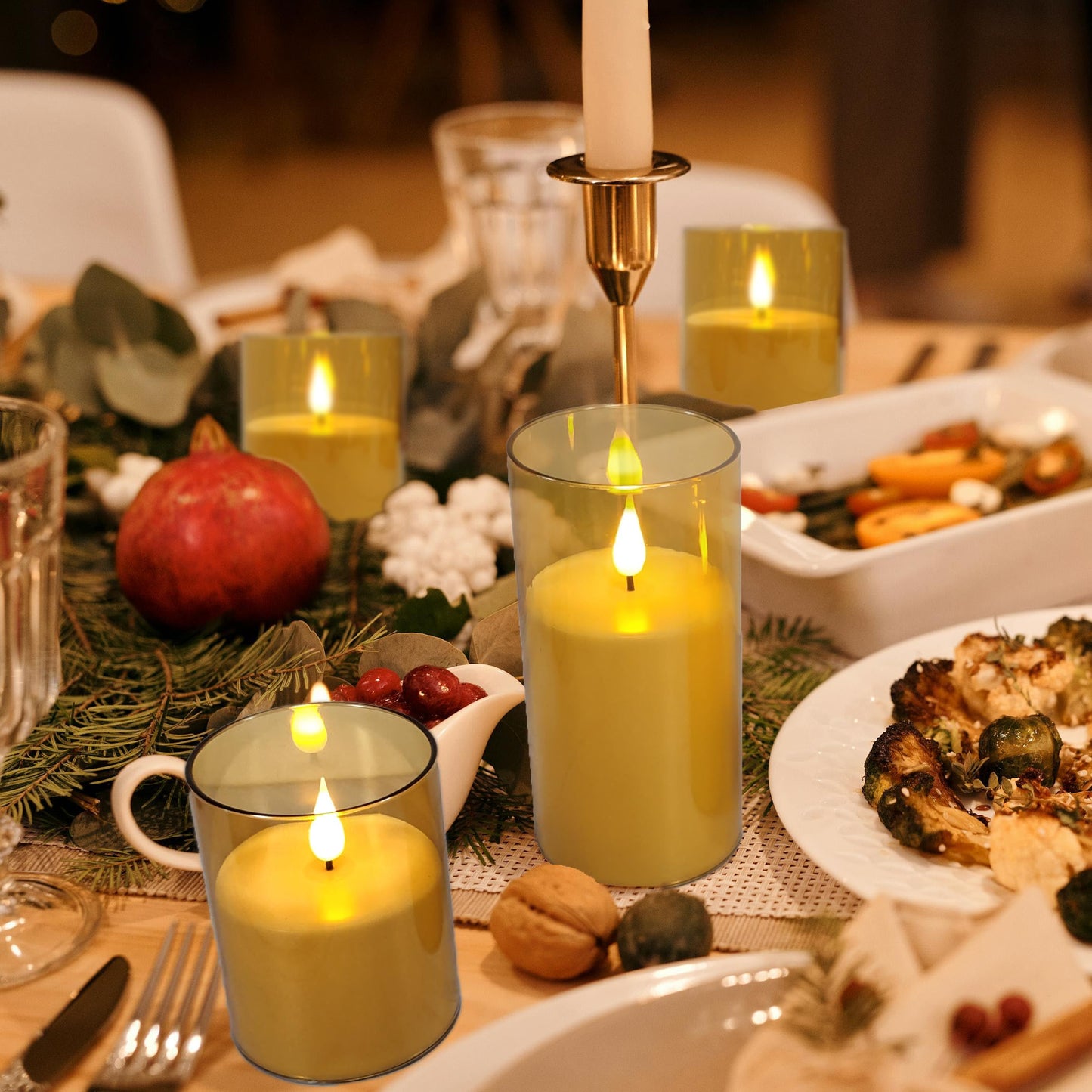 NICEME Amber Flickering Flameless Candles Battery Operated Acrylic LED Pillar Candles with Remote Control and Timer Flameless Halloween Candles for Thanksgiving Christmas New Year Home Decor, Set of 5