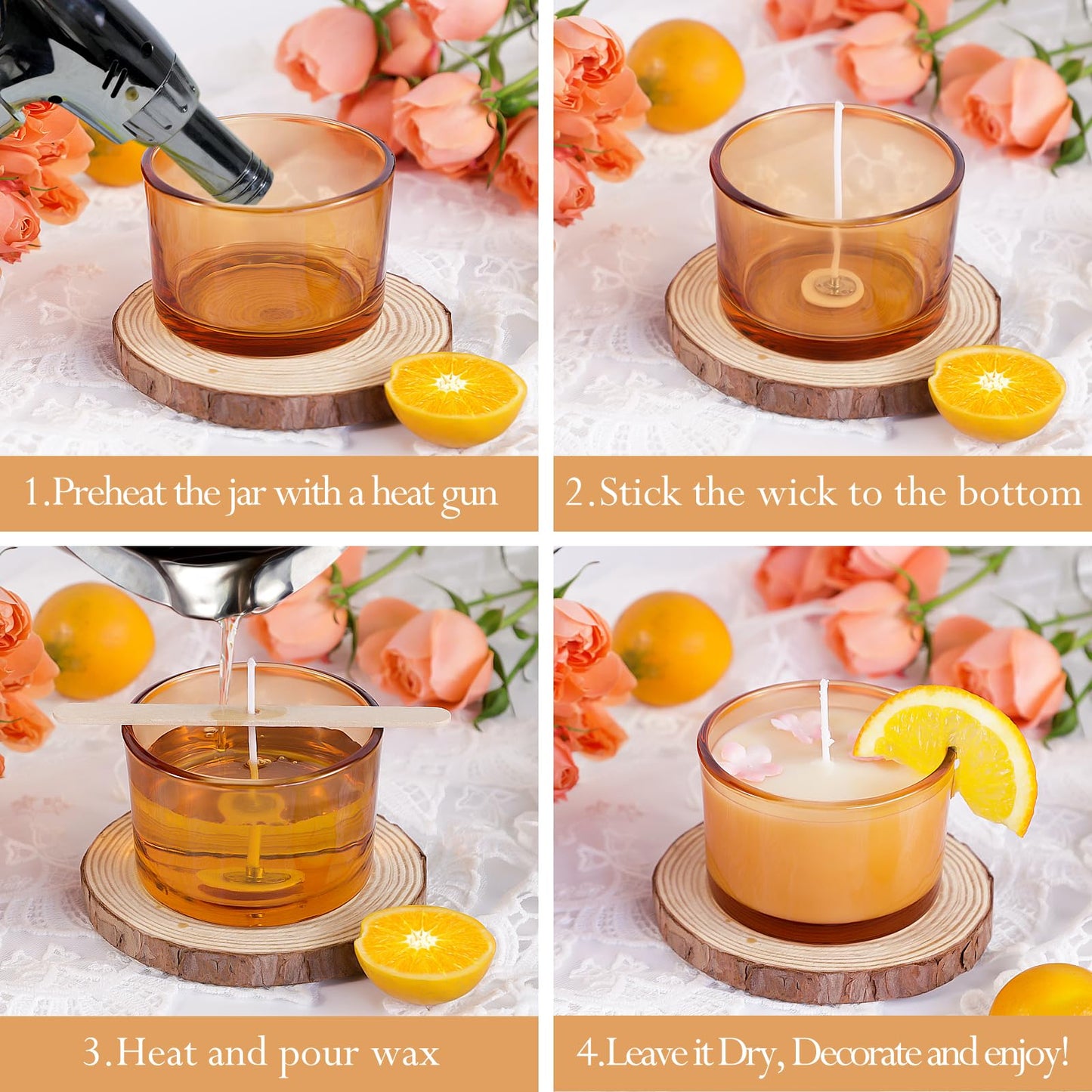 CONNOO 15 Pack 4oz Orange Glass Candle Jars with Airtight Bamboo Lids for Making Candles, Bulk Small Wide Mouth Empty Candle Containers with Sticky Warning Labels - Dishwasher Safe