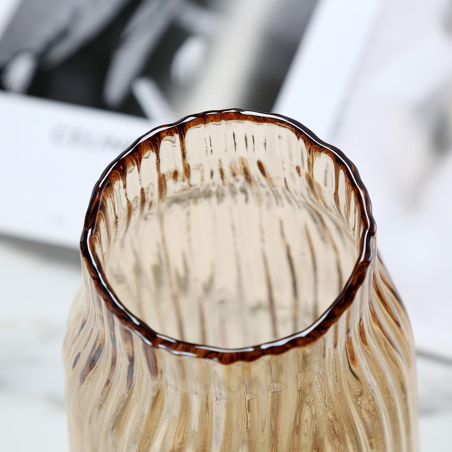 Large Amber Glass Vase for Home Decor Ribbed Tall Gold Floor Vase 12.0" Decorative Vases for Table Centerpieces Flowers Decor and Farmhouse(Brown 8.0in)