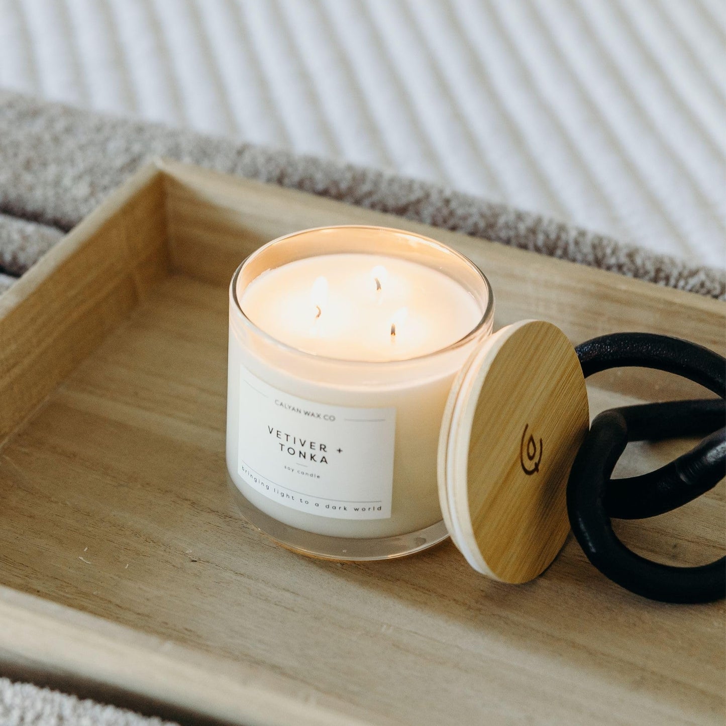 Calyan Wax Co. Vetiver & Tonka 3 Wick Scented Candle - 43 Hour Burn - Luxury 3 Wick Soy Candles - Clean Soy Wax Candles - Long Lasting Large Glass Jar Candle for Home - 14.9oz