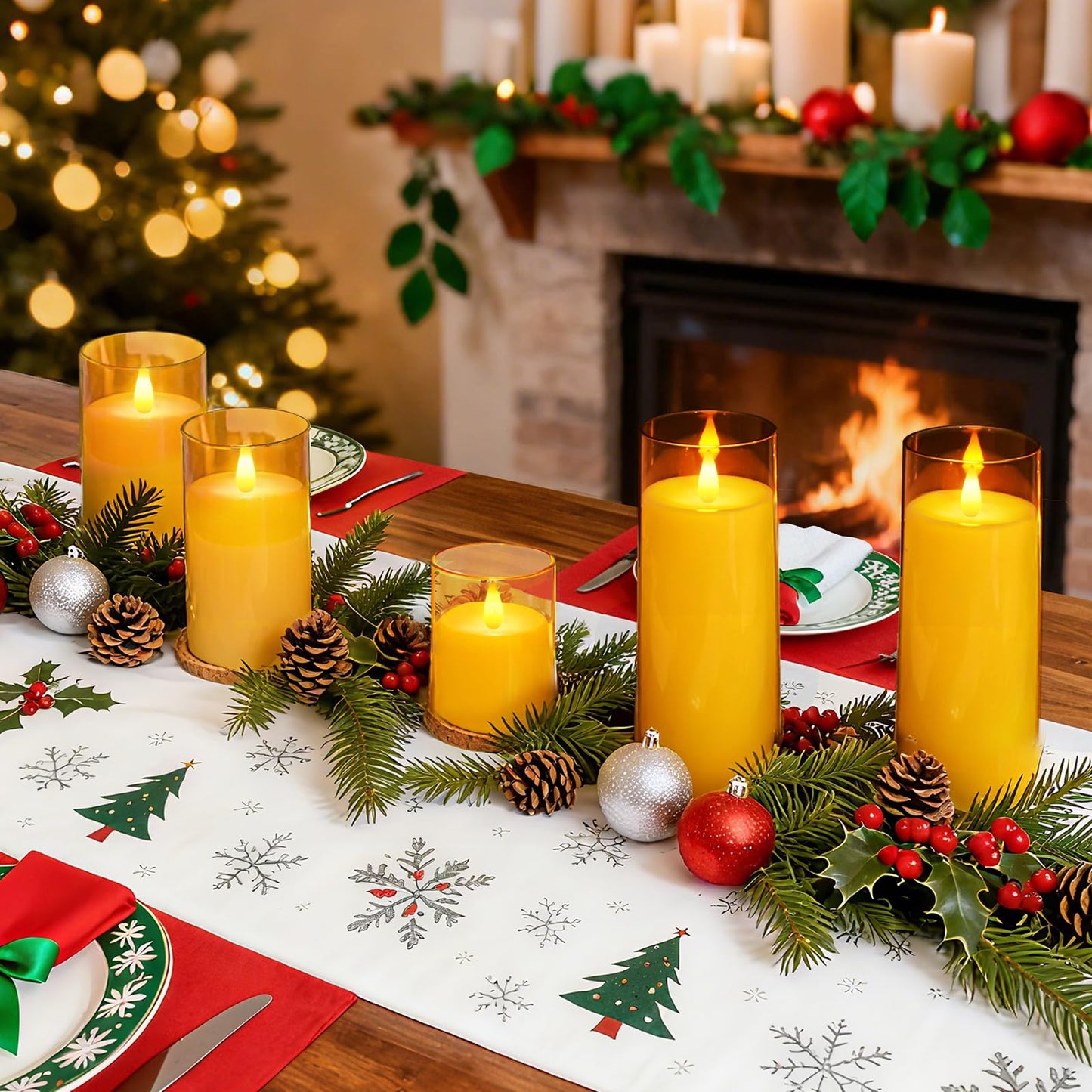 Homemory Realistic Flickering Flameless Candles, Battery Operated Candles with Remote Control and Timer, LED Fake Electric Candle for Home, Christmas Decoration, Gold, Set of 3