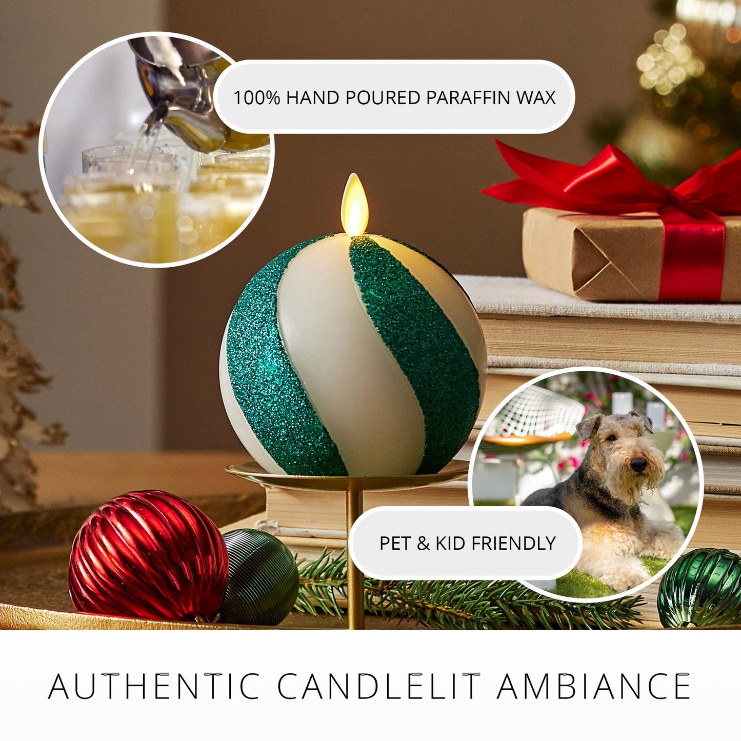 Luminara - Flameless Holiday Crystal Beads Glitter Sphere Candle - Candy Cane Green- Pack of 1-4x4.25 - Auto Timer Built-in 5-Hour Timer Indoor Use