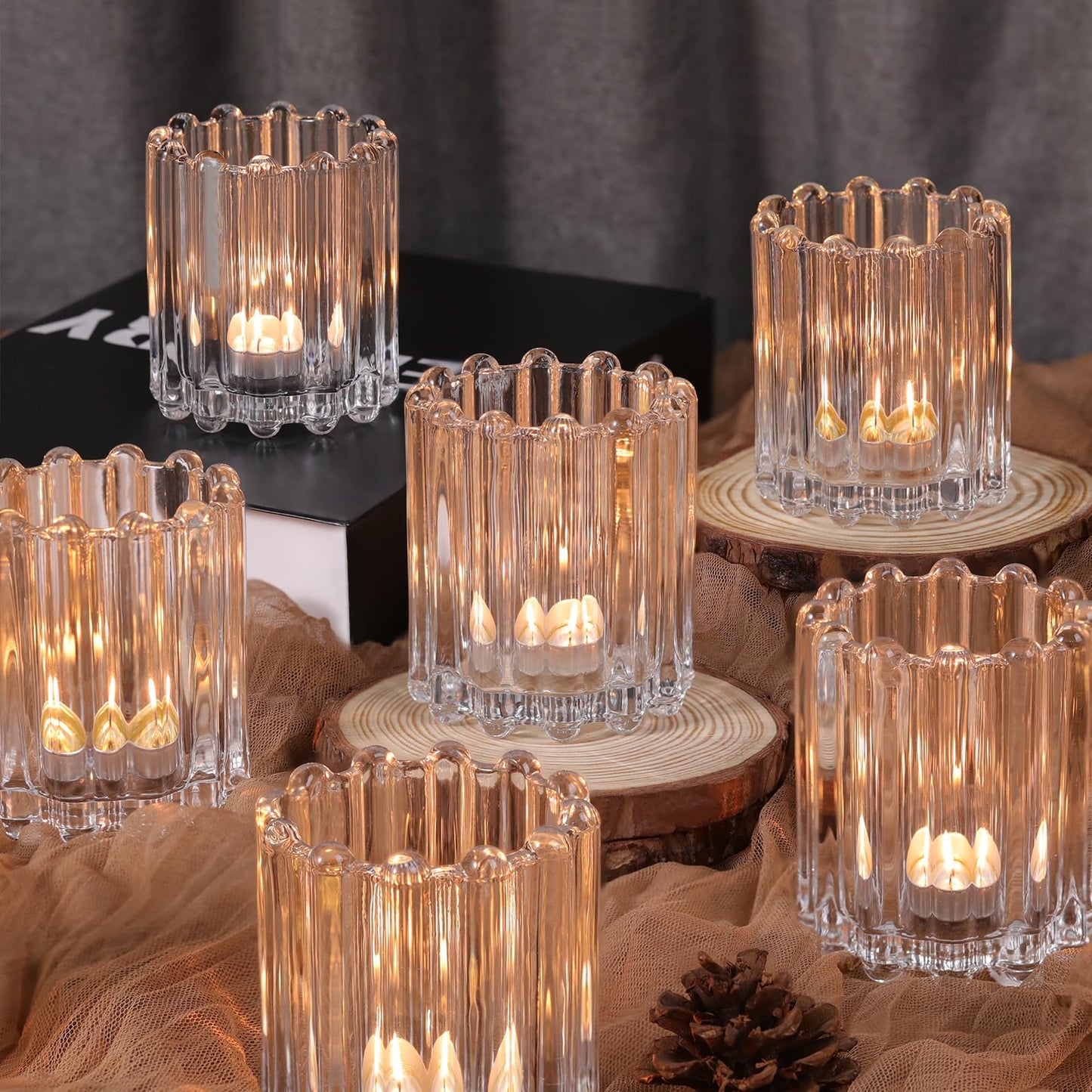 HAVITI Glass Clear Votive Candle Holder, Ribbed Votive Candle Holders Set of 12, Tealight Candle Holder for Wedding Centerpieces Dinner Party Table Decor