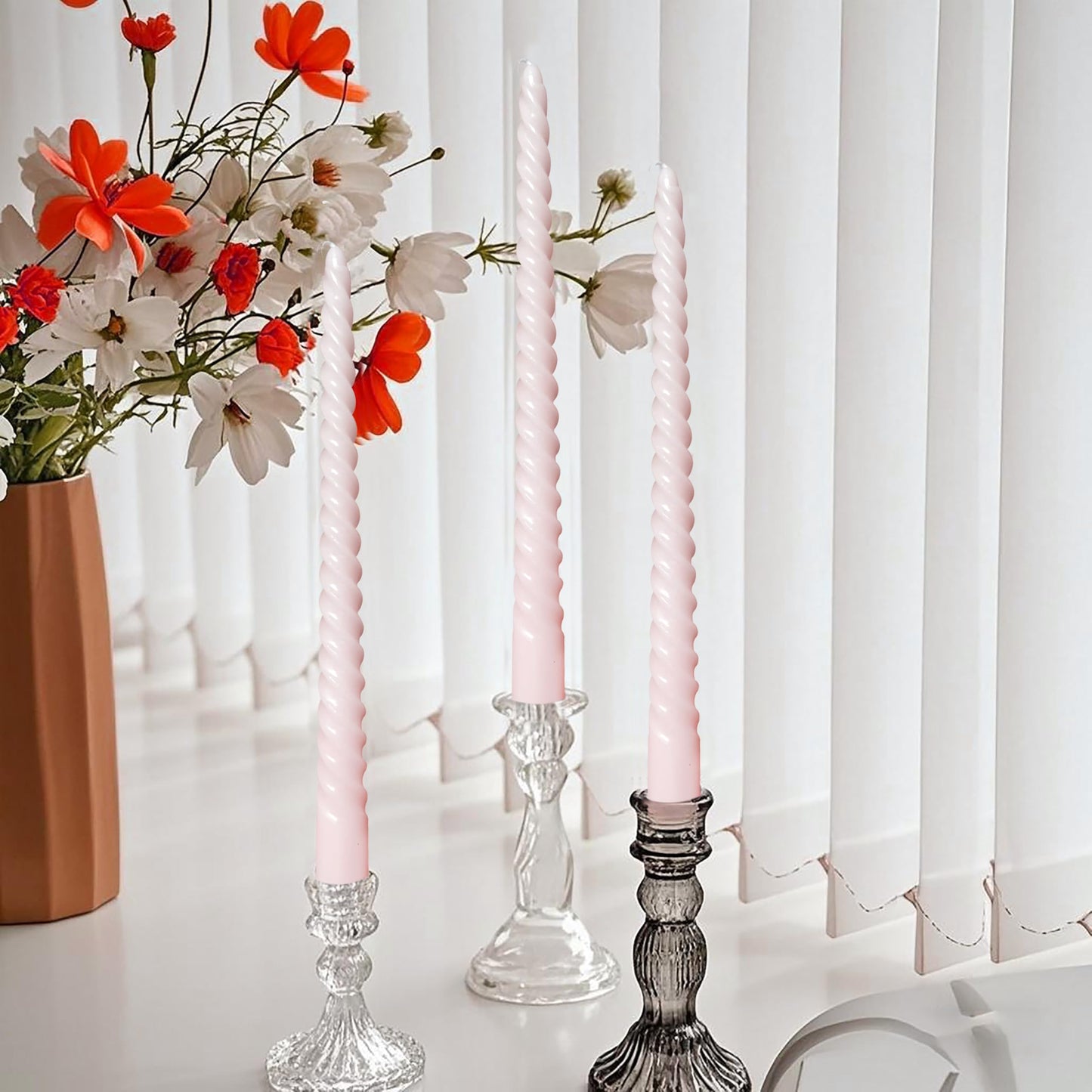 8 Pack 10 Inch Pale Pink Spiral Taper Candle Set, 7/8 Inch Unscented Driples Candlesticks for Home Decoration, 6-7 Hours Burn