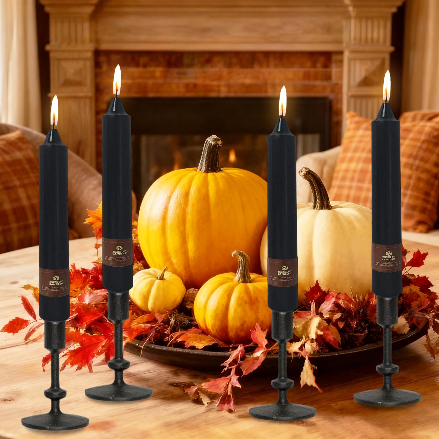 Black Halloween Taper Candles 4 Pack Hand-Poured 9 Inch Unscented Long Tapered Candles for Spooky Decor, Haunted Houses & Gothic Weddings - Clean Burning, Smokeless & Odorless