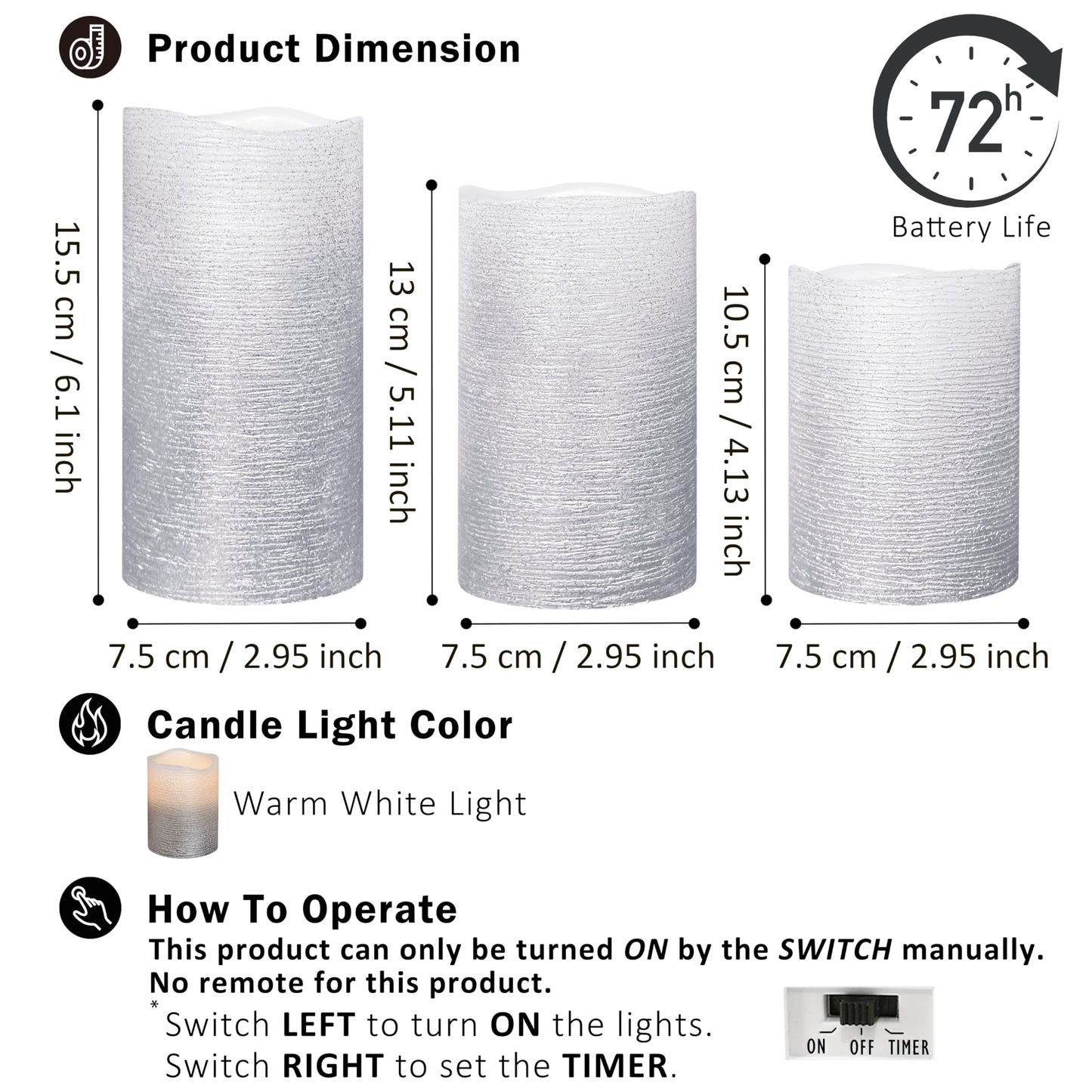 FURORA LIGHTING Silver Glitter Flameless Pillar Candles - Real Wax, 5/19 Auto Timer, Set of 3 (3x4, 3x5, 3x6), Batteries Included, Home Decor