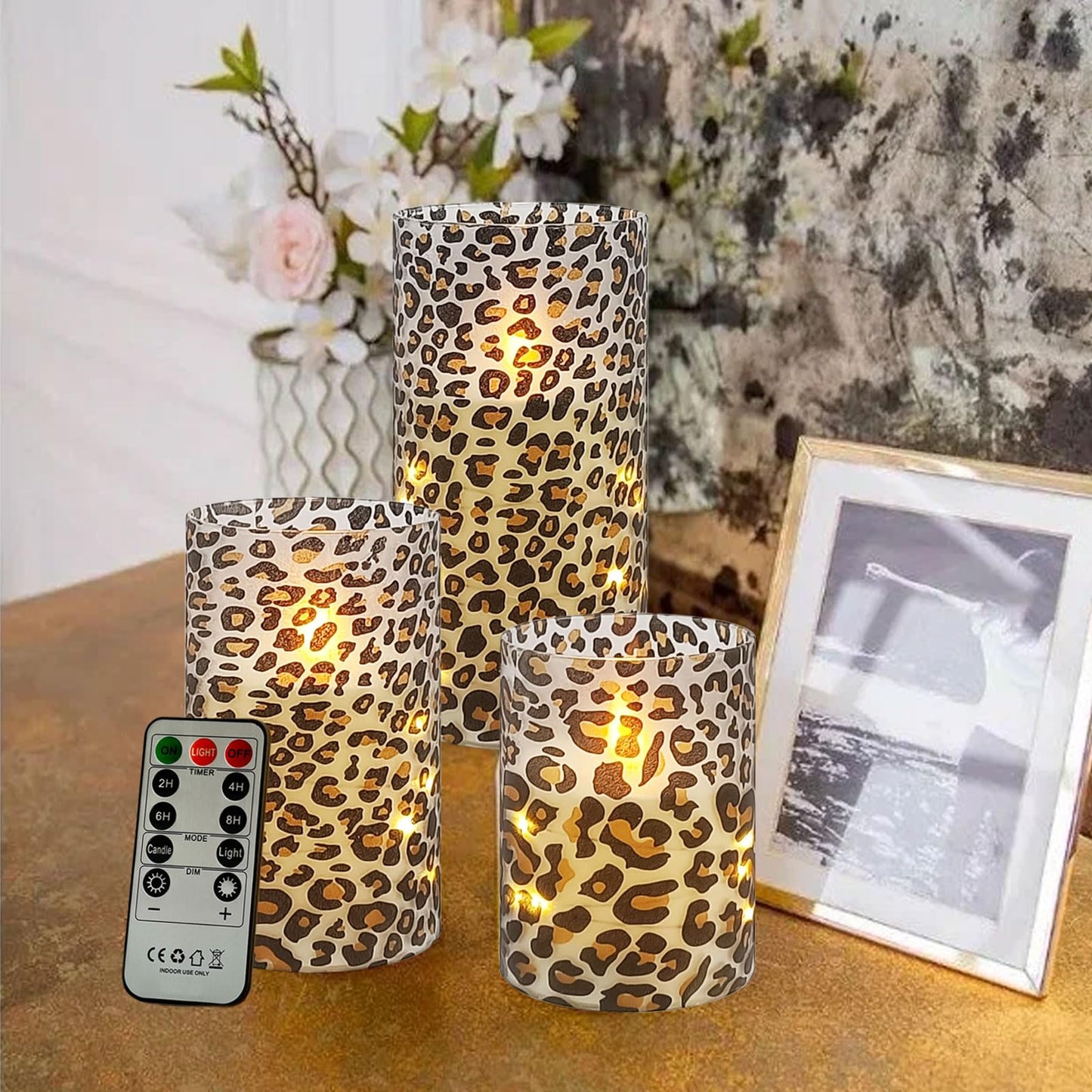 NjaoHoo Flickering Flameless Candles, Recessed String Light LED Candles 3D Wick Acrylic Battery Operated LED Pillar Candles with Remote and Timer for Modern Simple Home Decor Set of 3(Leopard)