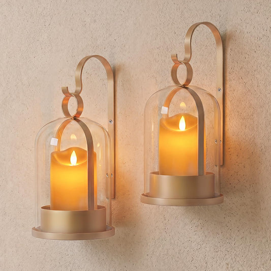 Gold Glass Lanterns Wall Candle Sconces Set of Two, Vintage Metal Hurricane Wall Candle Holders Decorative, Hanging Lantern Rustic Farmhouse Decor for Home Bedroom, Hallway, Living Room