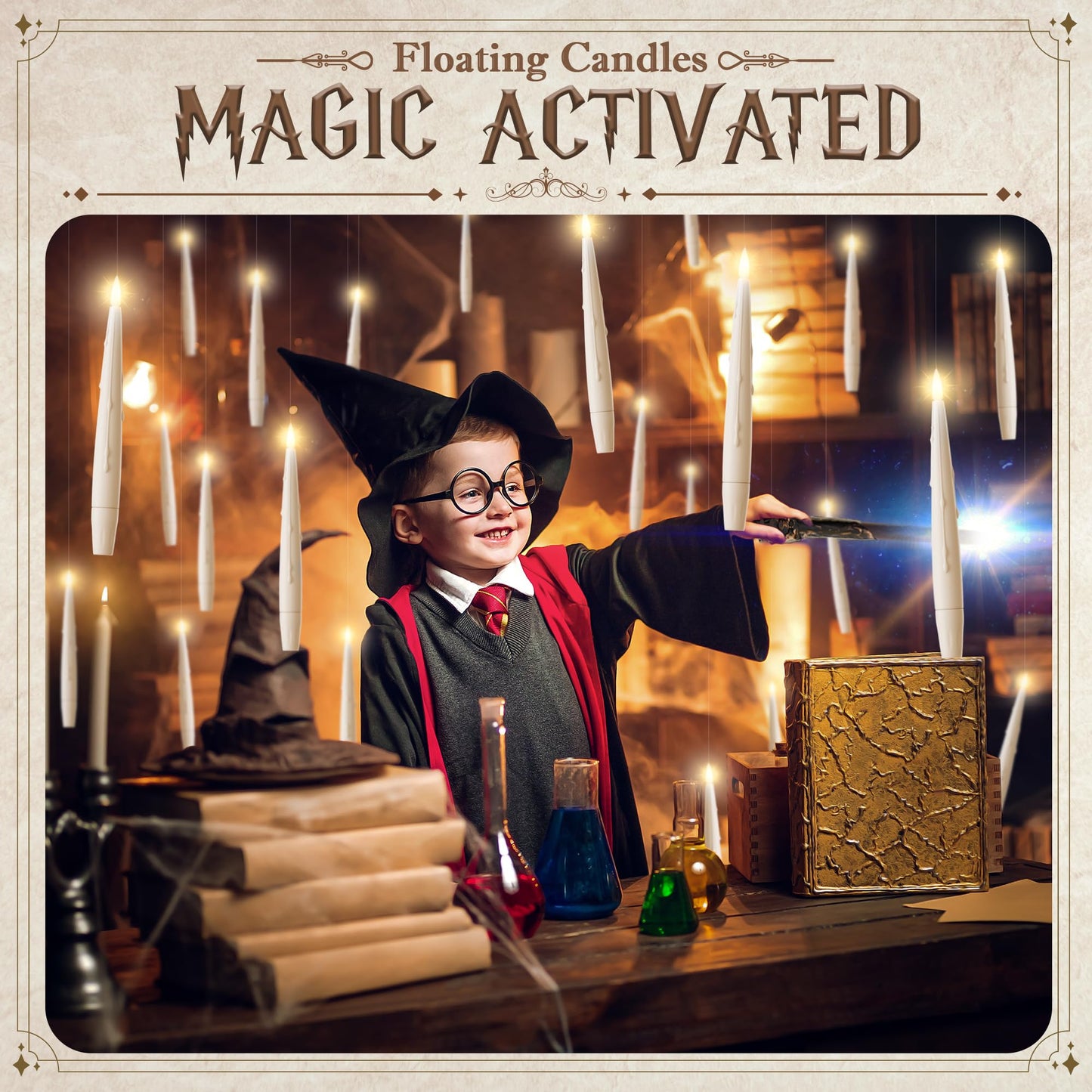 JOIONE Floating Candles with Wand, 20 Pack Hanging Candles with Magic Wand Remote, Battery Powered Floating Candles with 2 Wand, Flameless Magic Hanging Taper Candles for Xmas Halloween Decor