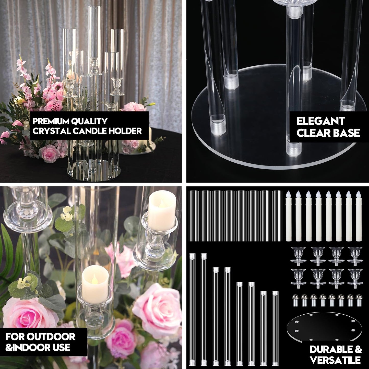 2 Sets 8 Arm Acrylic Candle Holder with Candles, Mjkeomo 38.5'' Tall Candelabra Centerpieces for Tables Clear Candlesticks Holder for Housewarming Gift Fireplace Dinner Halloween Christmas Decor