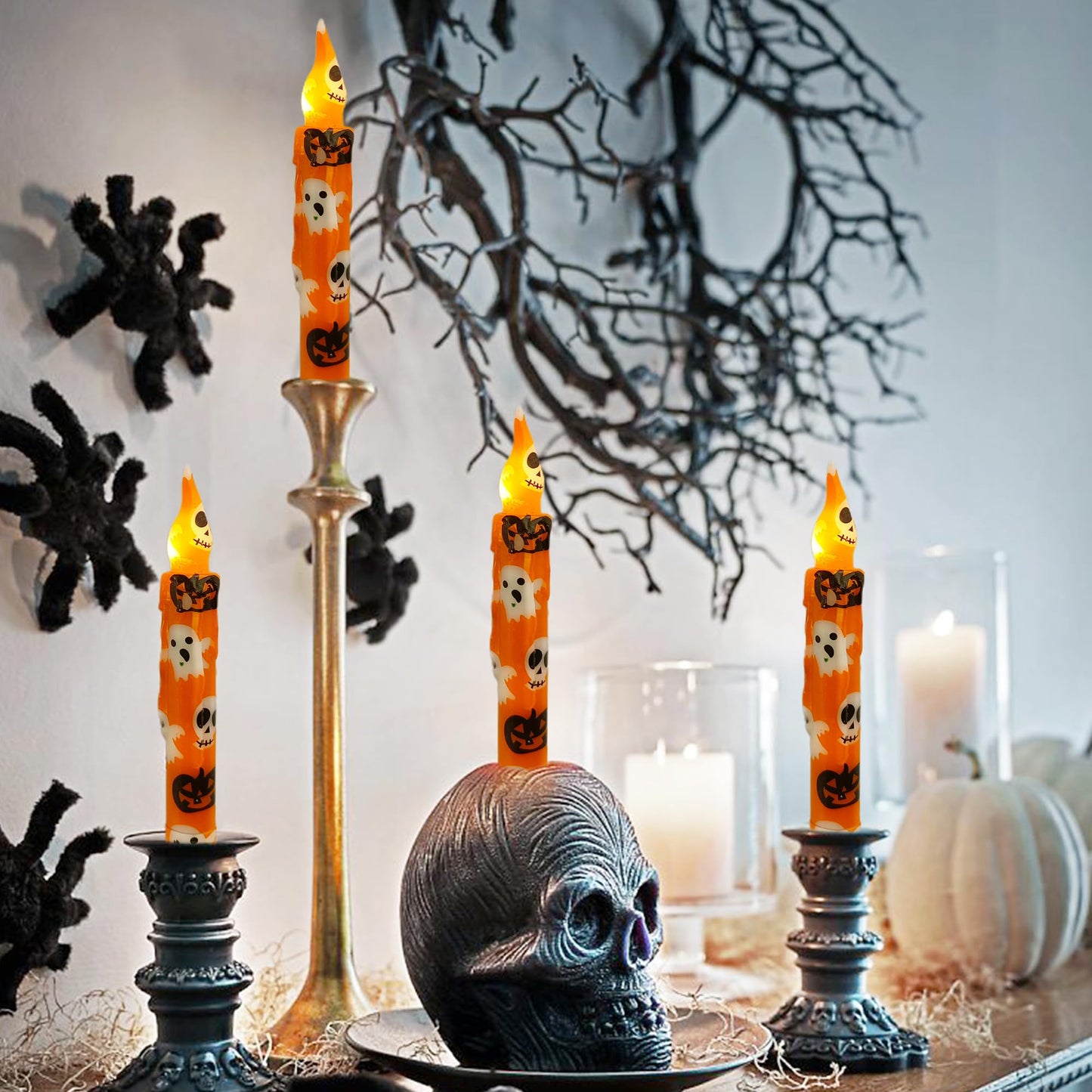 Gedengni Halloween Candlesticks Flameless Taper Candle, 4pcs Printed LED Tapered Candles Remote Dipped Candle 6inch Battery Chandelier for Enchanting Weddings and Harry Potter Inspired Vigils(Hall)
