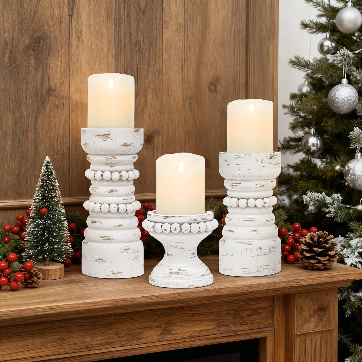 MODE HOME Rustic White Wood Candle Holders Set of 3, Farmhouse Beaded Wood Pillar Candle Holder, Candle Holders for Pillar Candles & Candlesticks, Candle Sticks Holder Decor for Table Centerpiece