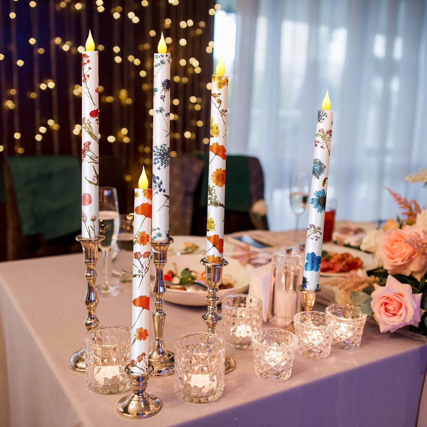 Nuanchu 6 Pcs Flower Flameless Candles 10. 6 '' LED Pressed Floral Pastel Taper Candle Battery Operated Flameless Taper Candlestick Dried Flower Candlestick for Home Wedding Summer Garden Party Decor