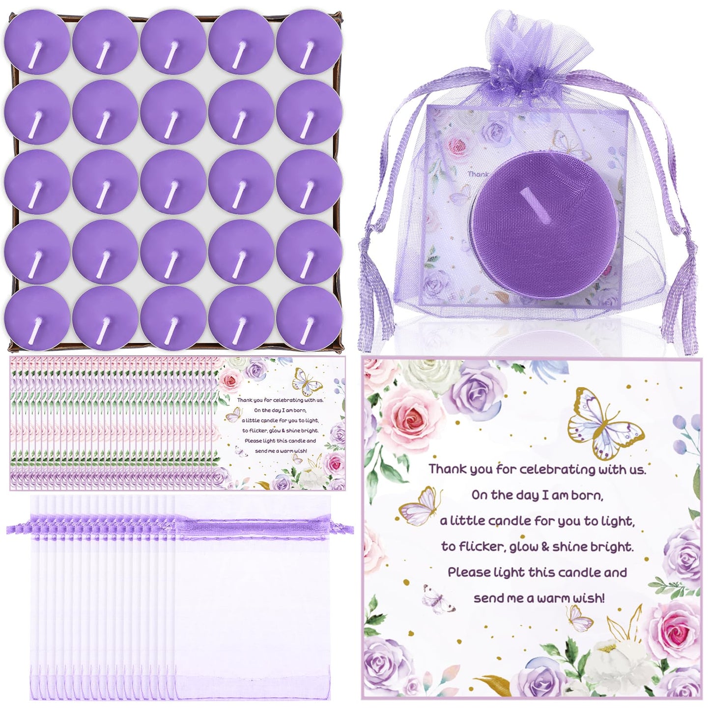 MTLEE 50 Sets Baby Shower Party Favors Candles Including 50 Pcs Tealight Candles Thank You Cards Baby Shower Bags for Guests Prizes Gender Reveal Party Decorations(Purple,Butterfly)