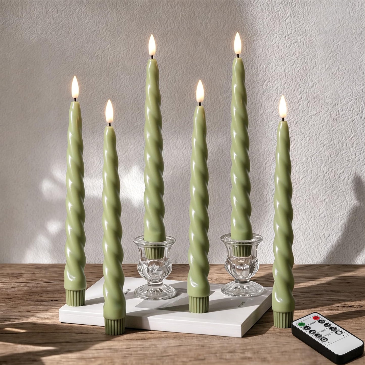 Girimax Sage Green Flameless Taper Candles with Remote, Flickering Spiral Battery LED Candlesticks Home Decor Set of 6
