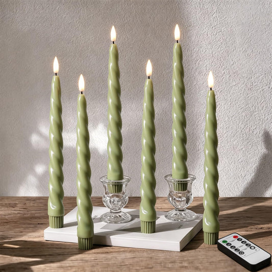 Girimax Sage Green Flameless Taper Candles with Remote, Flickering Spiral Battery LED Candlesticks Home Decor Set of 6