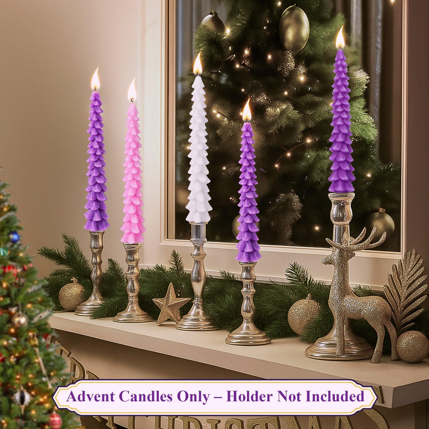 Enhon 5 Pcs Advent Candles Set, 10 Inch Tree Shaped Taper Candles, Unscented Beeswax Christmas Advent Wreath Candle for Xmas, Holiday, Church, Party, or Home Decor (Purple,Pink,White Style)