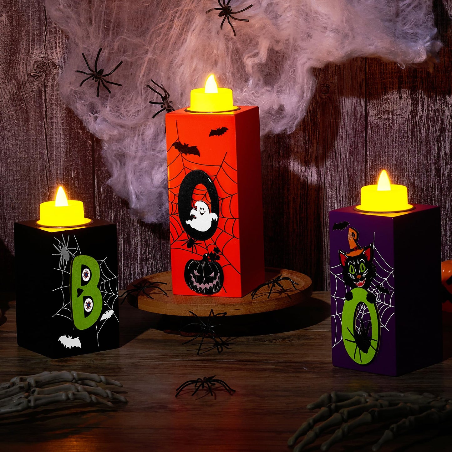BlcTec Halloween Decorations, 3 PCS Halloween Wood Candle Holders with LED Tea Lights & 3D Carving Craft, Wood Candle Centerpieces for Home, Table, Office, Tiered Tray, Décor, Black Orange Purple
