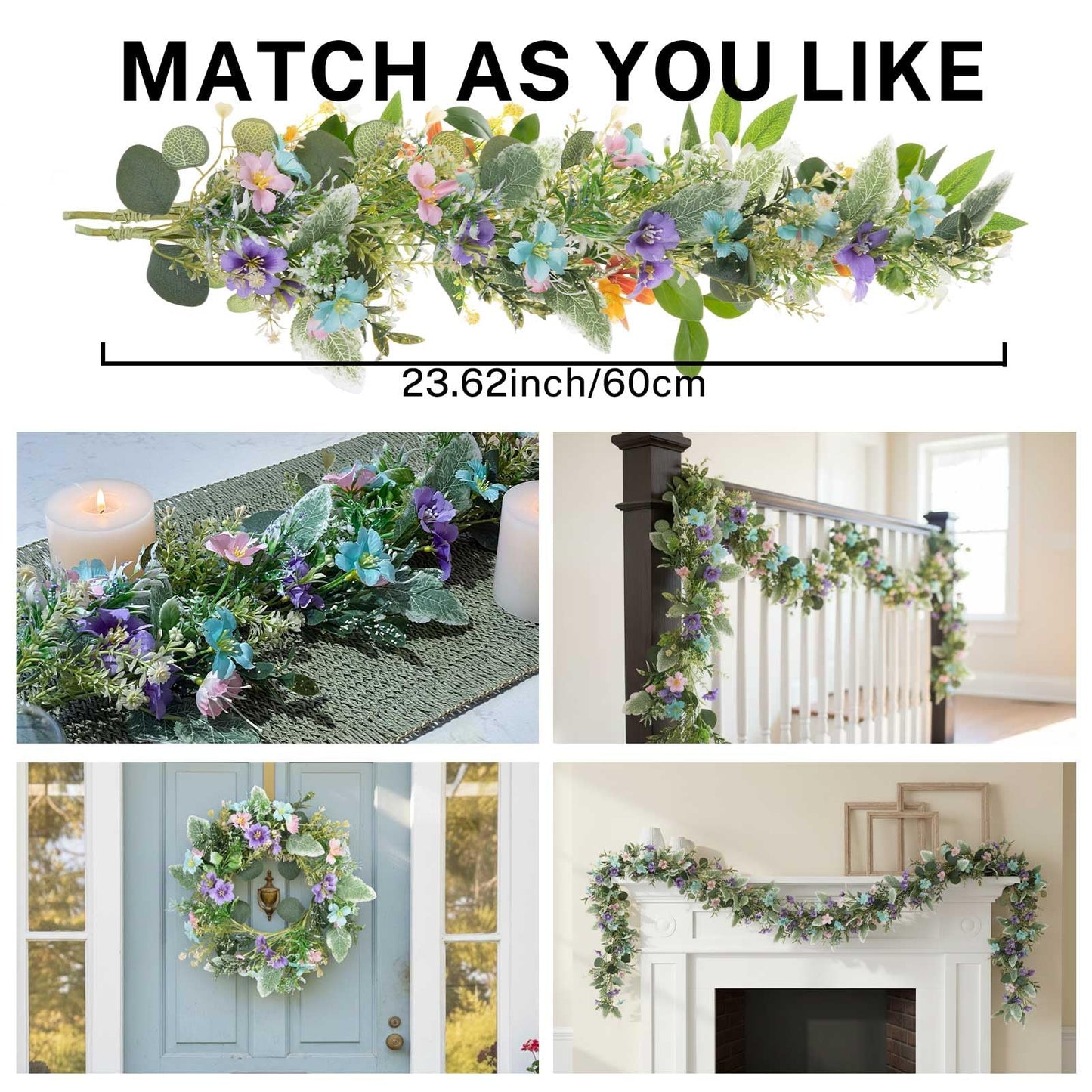 MOYEE Summer Candle Holder Centerpieces for Tables,Candle Ring, Black Metal Candlestick with an Artificial Wreath 14 in Versatile Dining Table Centrepiece (Blue and Purple Flower Wreath)
