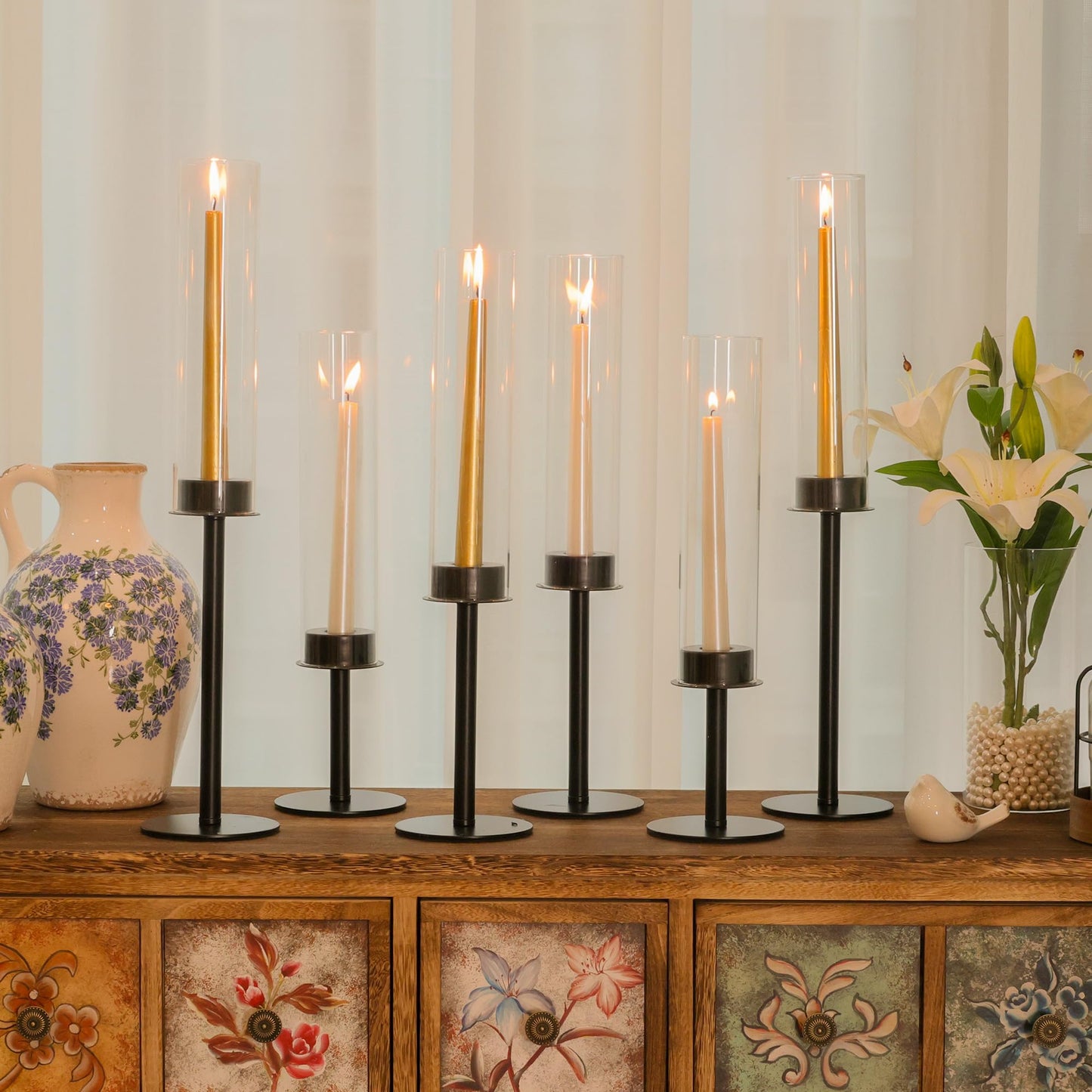 Ronasip Hurricane Candle Holders Set of 6 Metal Candlestick Holder for Glass Taper Tall Candle Holders with Crystal Chimney Tube Candles Stands for Home Decor, Christmas, Dinning (6, Black)