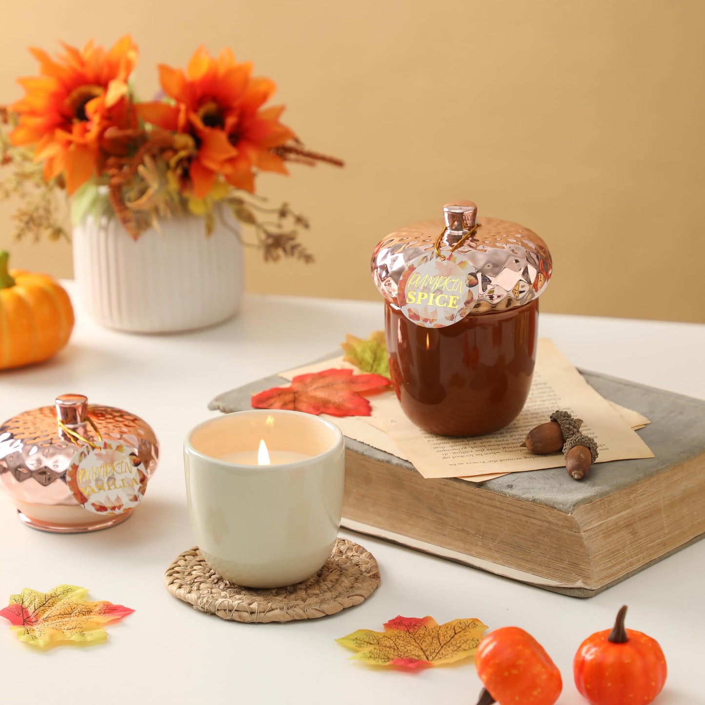 Thanksgiving Scented Candle, Pumpkin Spice Scented Candle, 6OZ Acorn Shaped Candles, Ceramic Jar Candles, Autumn & Thanksgiving Gift, Cozy Home Gift