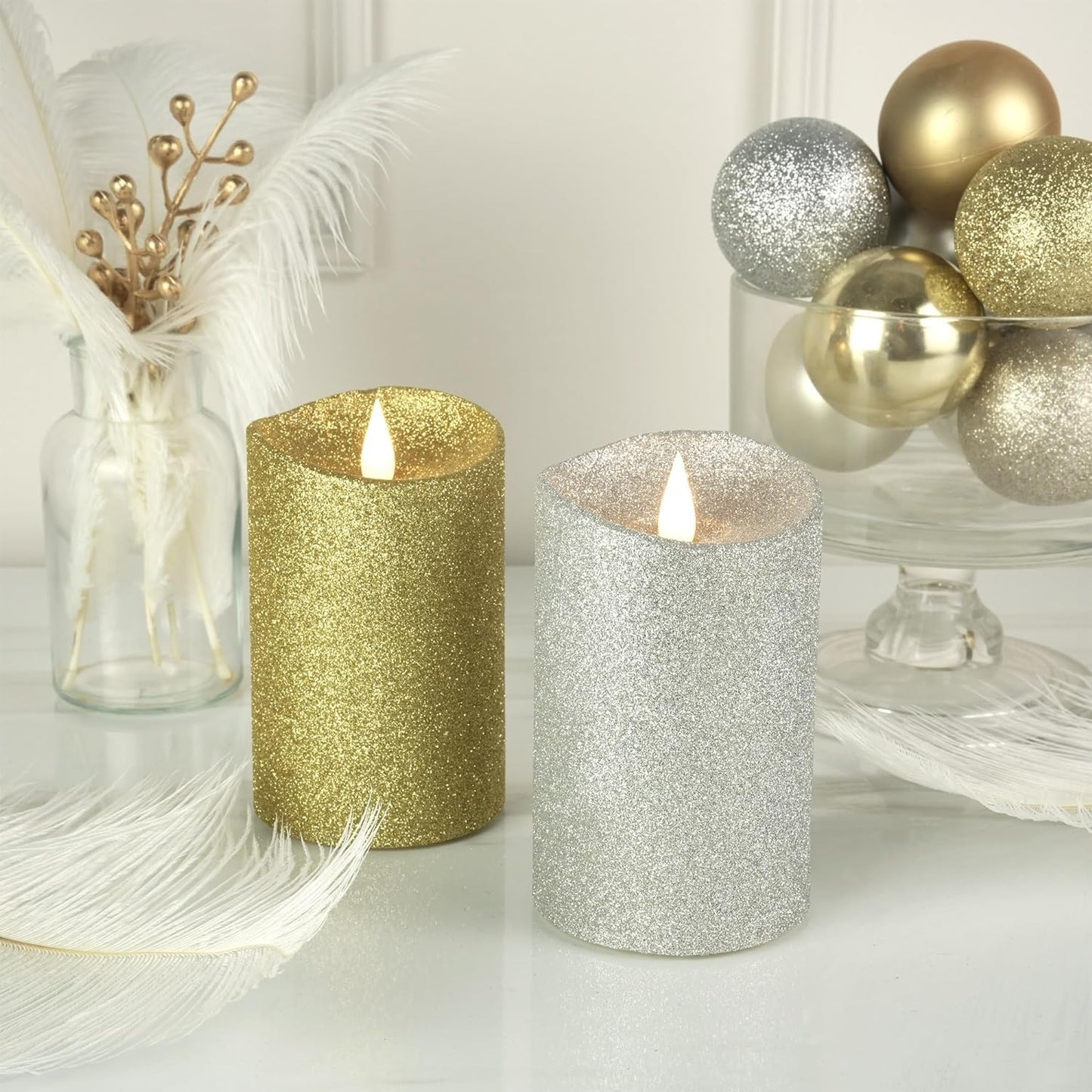 Softflame Real Wax Flameless LED Candles with Remote Control, 3"x 5"Flickering 3D Moving Flame Battery Operated Candles for Indoor Use, Home Decor Glitter Gold