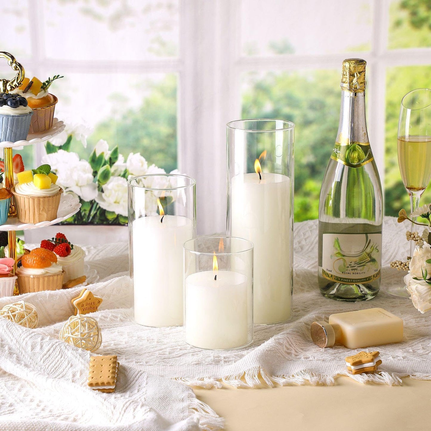 Shihanee Set of 3 Pillar Candles and 3 Glass Cylinder Candle Vases Holders Clear Pillar Jars for Wedding Centerpieces(3'' x 5.9'', 7.9'', 9.8'',White)