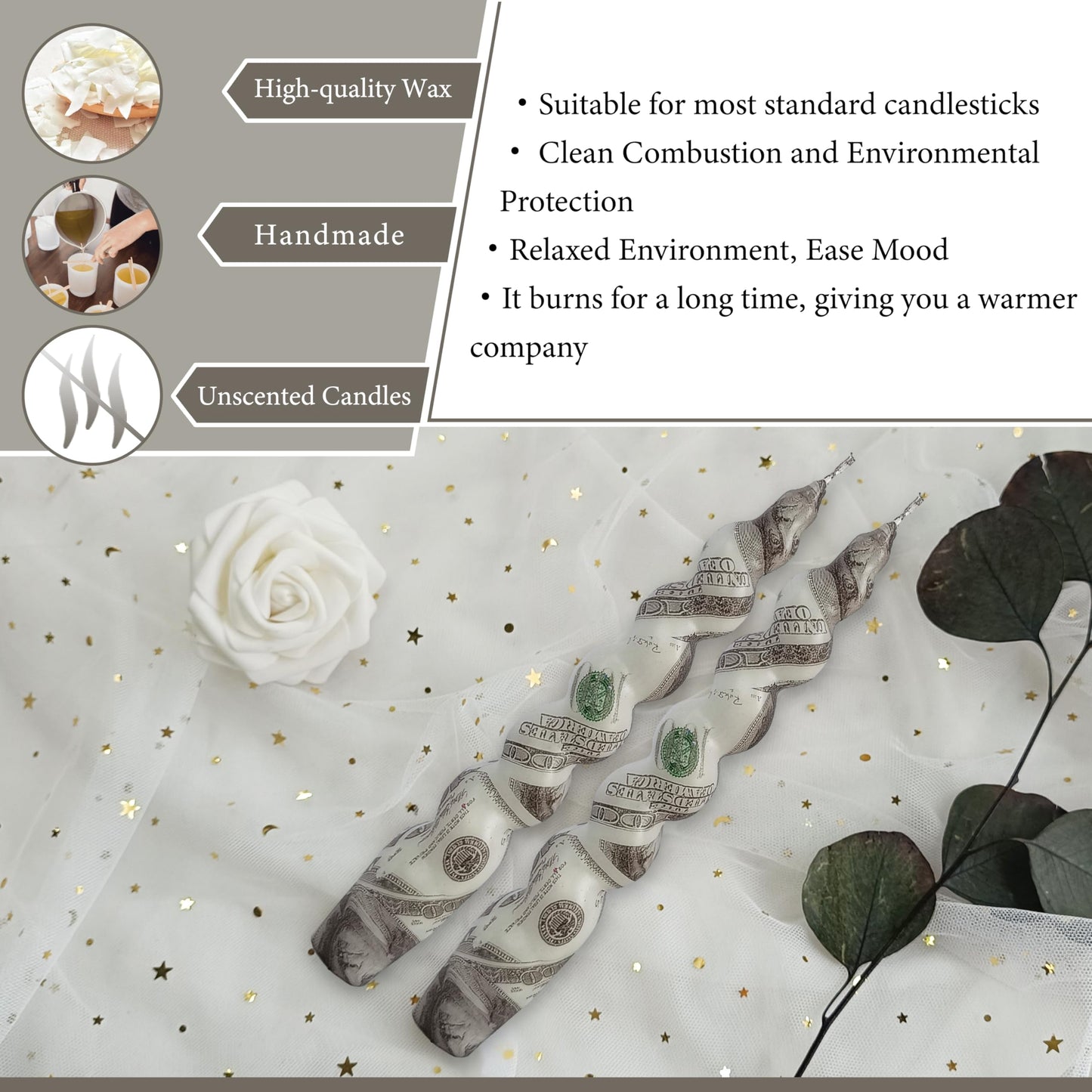 Dollar Printed Candle Stick Handmade Twisted Smokeless Spiral Candle 7.5 in Twisted Tapered Candles for Home Wedding Dinner Holiday Party（2 Pcs