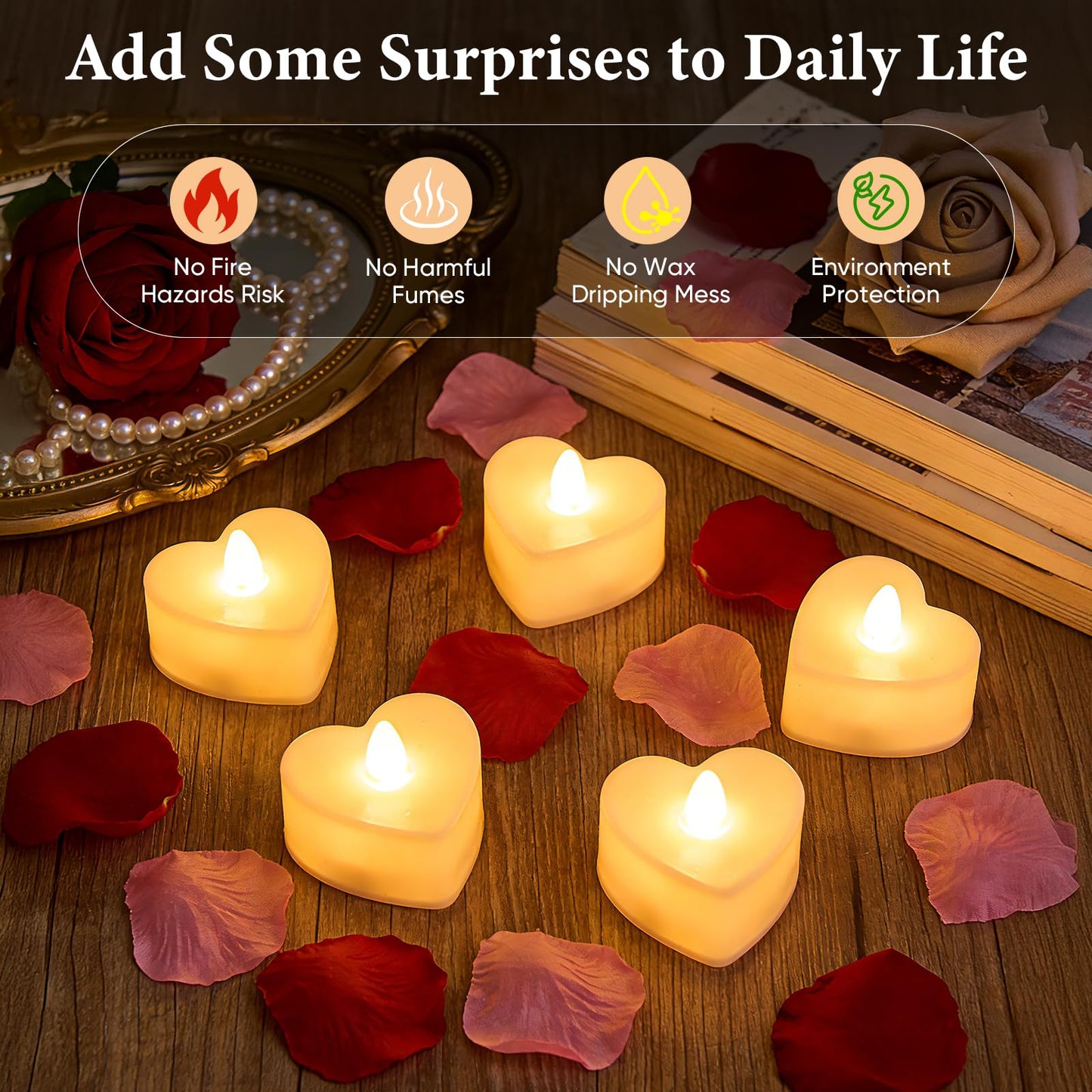 Chanceboleng 8000Pcs Rose Petals with 72Pcs Flameless LED Tea Lights Candles Valentine's Day Romantic Decorations Special Night Set for Night Wedding Anniversary or Table Décor, Warm Yellow