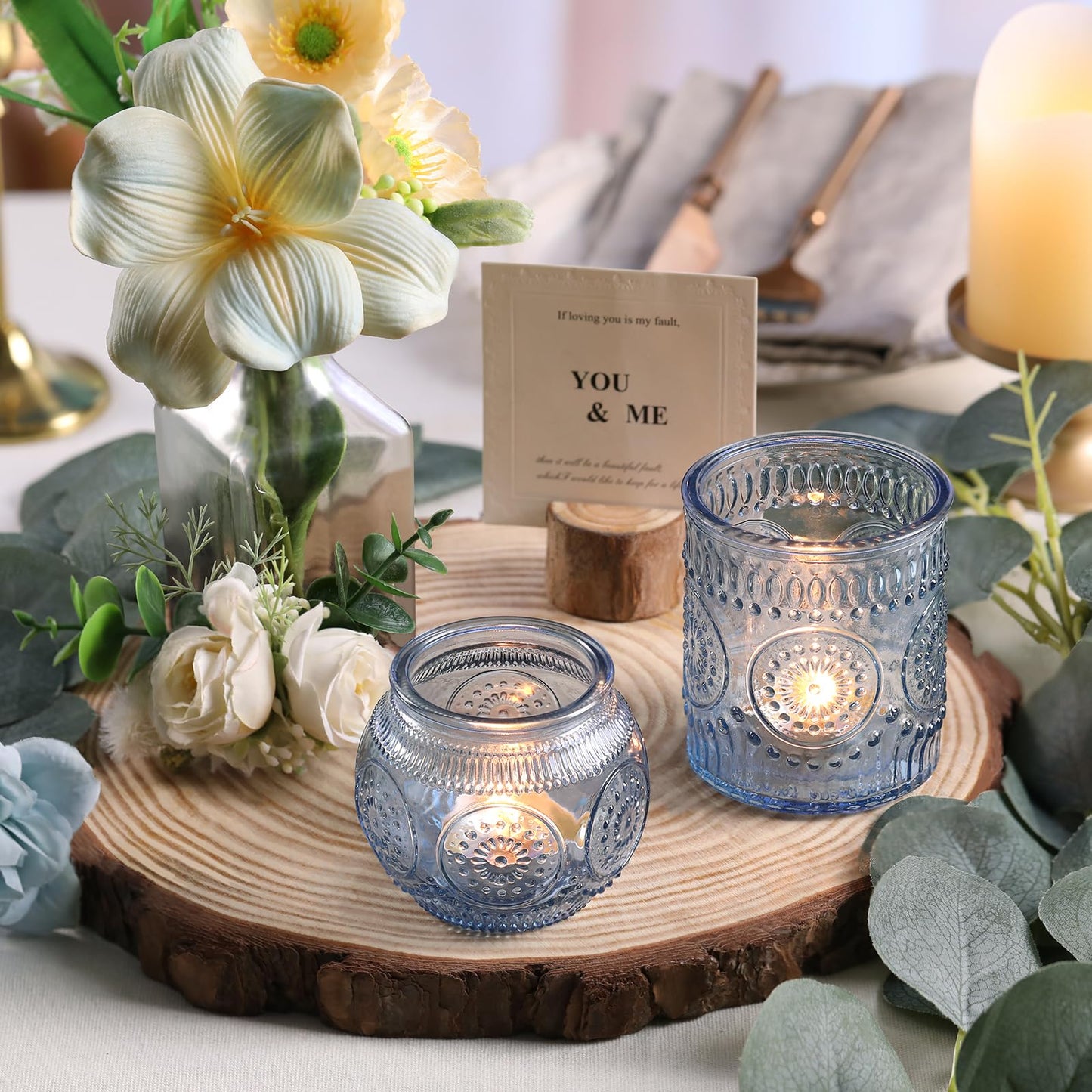 DARJEN Blue Votive Candle Holder Set of 20, Upgraded Size Tea Light Candle Holder Glass for Wedding Table Centerpieces, Elegant Bulk Votive Holders for Party, Proposals and Wedding Shower